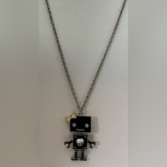 GIRL GIRLY BOW ROBOT BLACK ENAMEL RHINESTONE ARTICULATED LONG NECKLACE - Picture 2 of 2